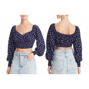 Finders Keepers Women Blue Frida Smocked Cropped Top Med Floral Balloon Sleeves